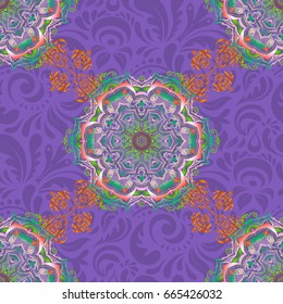 Wallpaper baroque, seamless vector background in green and orange colors. Floral seamless pattern.