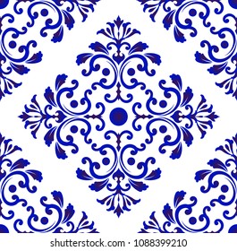 Wallpaper In Baroque Style Damask Floral Background, Flower Ornament, Blue And White Vases, Simple Decoration Art, Ceramic Tile Pattern Seamless Vector, Chinese Machine
