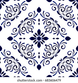 Wallpaper in baroque style Damask floral background, flower ornament, blue and white vases, simple decoration art, ceramic tile pattern seamless vector, Chinese machine