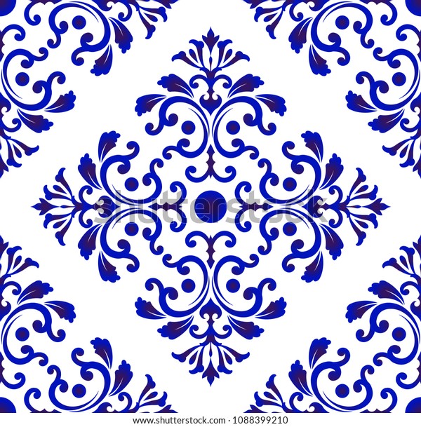 バロック風の壁紙 ダマスク花柄の背景 花飾り 青と白の花瓶 簡単な飾り絵 セラミックタイル模様のシームレスなベクター画像 中国機械 のベクター画像素材 ロイヤリティフリー