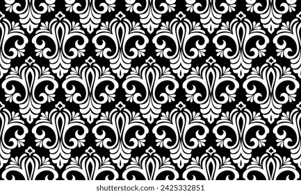 Wallpaper in Baroque style, damask. A seamless vector background. Black and white texture Floral ornament.