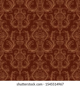 The Wallpaper in the Baroque style. Seamless vector background. Gold and dark brown floral ornament. Graphic pattern for fabric, Wallpaper, packaging. Floral ornament Damascus