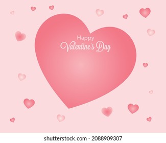 wallpaper with a big heart and in the center the words happy Valentine's day surrounded by pink hearts with copy space