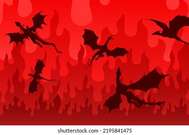 Wallpaper with black flying wyverns and dragons on the red background. Picture of black dragons on the backdrop of red fire as poster, wallpaper, cover, background.