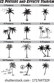 Wallpaper black vector palm trees isolated on white background. 
 Sea waves and surfing -Hand drawn pattern. Perfect for fabric,skateboard . wallpaper or gift wrap.