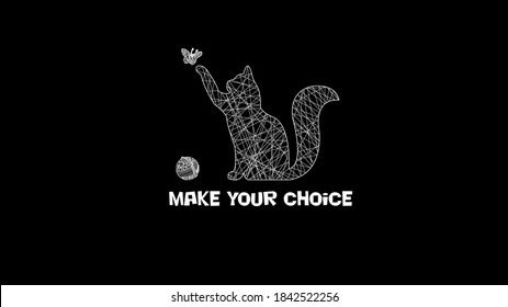 Wallpaper Black And White, In The Style Of String Art, The Cat Catches A Butterfly, With A Ball Nearby, On A Black Background With A Motivational Inscription