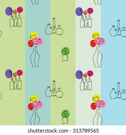 Wallpaper with bottles and flowers. Colorful pattern.