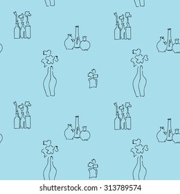 Wallpaper with bottles and flowers. Colorful pattern.