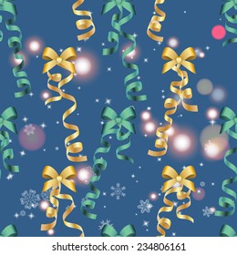 Wallpaper with bow and ribbon. Can be used for New Year and Christmas decoration. Seamless background. Sparkles and bokeh. Shiny and glowing.