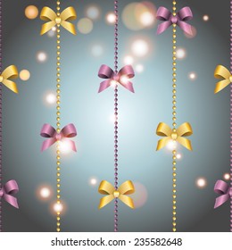 Wallpaper with bow and ribbon. Can be used for New Year and Christmas decoration. Seamless background. Sparkles and bokeh. Shiny and glowing.
