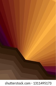 wallpaper with brown mountains and orange sunset rays. Simple illustration.