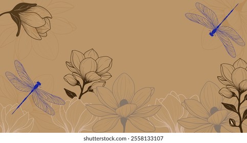 Wallpaper of butterfly and flowers. Hand drawn magnolia flowers with blue dragonflies on a beige background. Minimalist floral background illustration for nature designs. Modern background.