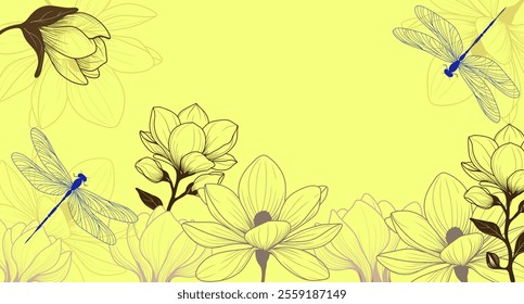 Wallpaper of butterfly and flowers. Hand drawn magnolia flowers with dragonflies on a yellow background. Minimalist floral background illustration for nature designs. Floral foliage. Wall art. 