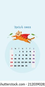 Wallpaper for Calendar March 2022 Year of the Tiger on the Blue Background.