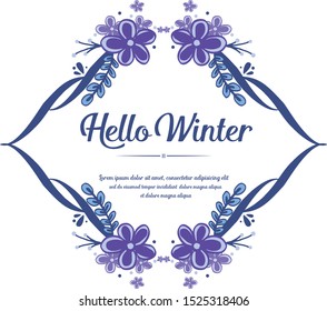Wallpaper of card hello winter, with design drawing of purple wreath frame. Vector