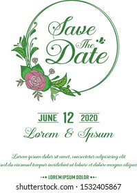 Wallpaper of card save the date, with modern green leaf flower frame. Vector