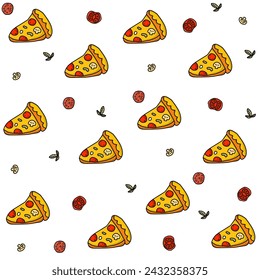 Wallpaper of a cartoon image of pizza and condiments such as tomatoes and mushrooms on a white background