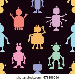 Wallpaper with cartoon robots. Seamless vector pattern