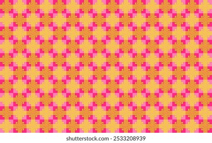 Papel de parede com fundo de tabuleiro de xadrez e ornamentos de padrão simétrico abstrato cor amarela rosa cheia. Este design pode ser usado para paredes de quarto, tecidos e roupas motivos, pasta ou capas de livros e s