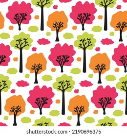 Wallpaper childish autumn forest. Trees for pattern on seamless white background. Bright grove with bright orange, nice green, pink crowns. Cute season cartoon texture for baby textile, infant fabric.