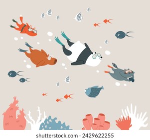 Fondo de pantalla para niños: animales divertidos bucean bajo el agua. Panda, mapache, capibara y zorro nadan con aletas y máscaras. Ilustración vectorial.