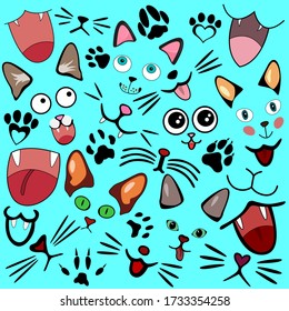 Wallpaper for children from kittens, their tongues, smiles, paws and more. Wallpapers for birthdays and other holidays. A set of stickers, prints, and more. Vector illustration.
