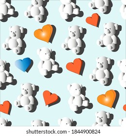 Wallpaper for children's bedroom with bears and hearts, festive background.