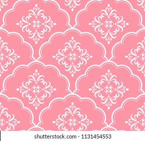 Wallpaper classic style of Baroque, seamless pink and white damask pattern, floral decorative background for design, texture, wall, fabric and silk, vector illustration