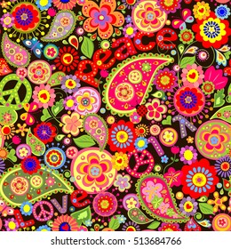 Wallpaper with colorful flower print with hippie symbolic