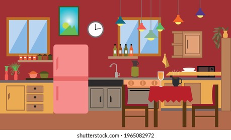 Wallpaper Colorful Kitchen And Dining Room With Coffe And Orang Juice On the table Flat Vector