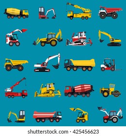 Wallpaper with construction machinery set on blue. Ground works background. Machine vehicles. Excavator, truck, digger, crane, bagger, mix, lorry. Heavy pavement foundation. Master vector illustration