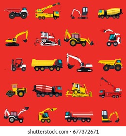 Wallpaper with construction machinery set on red. Ground works background. Machine vehicles. Excavator, truck, digger, crane, bagger, mix, lorry. Heavy pavement foundation. Master vector illustration