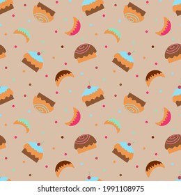 Wallpaper with cupcakes, sweets and sweet horns on a light brown background. Textile background with sweets for fabric, wrapping paper or backdrop. Flat vector illustration.