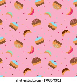 Wallpaper with cupcakes, sweets and sweet horns on a pink background. Textile Background with sweets for fabric, wrapping paper or background. Flat vector illustration.