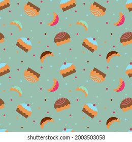 Wallpaper with cupcakes, sweets and sweet horns on a green background. Textile Background with sweets for fabric, wrapping paper or background. Flat vector illustration.