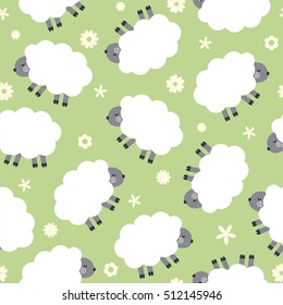 Wallpaper with cute sheep. Seamless vector pattern.