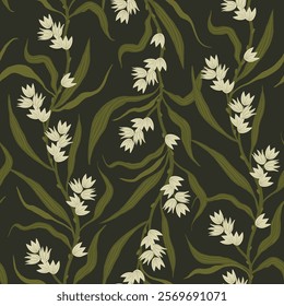 Wallpaper with a dark floral pattern. Rich pattern with curly flowers and leaves.