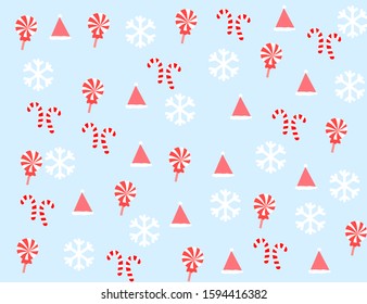 Wallpaper for decoration on Christmas Day or New Year's Day.pattern with snowflakes, santa hats and candies.