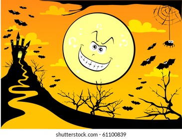 Wallpaper dedicated to Halloween with giant moon grinning, vector