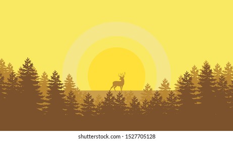 Wallpaper Of A Deer's Sillhouette In Autumn Forest, Sunset Or Sunrise Background, Flat Design