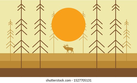 Wallpaper of a Deer's Sillhouette in Autumn Forest, Sunset or Sunrise Background, Flat Design