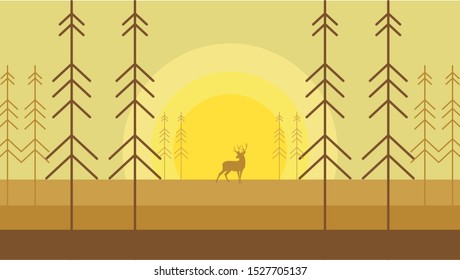 Wallpaper of a Deer's Sillhouette in Autumn Forest, Sunset or Sunrise Background, Flat Design