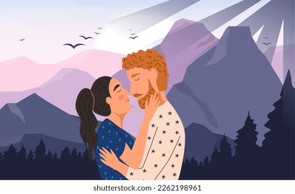 Wallpaper design, The beautiful romantic couple in the beautiful background. can be seen on mountains and well-lit sunset can be seen in the background .Vector Illustration.