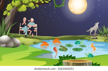 Wallpaper design, The beautiful romantic Old couple sits on the chair under the full Moon near the beautiful lake and beautiful fishes on the lake and a frog, and wolf howling background. Vector.