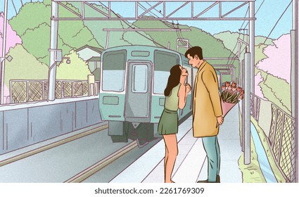 Wallpaper design, A couple meets at the train station and the boy is carrying flowers for his girlfriend Vector Illustration.