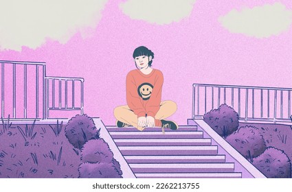 The wallpaper design depicts a girl sitting on the steps of an outdoor staircase. The girl is surrounded by pink sky and clouds background and is seen enjoying the outdoors. 