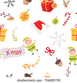 Wallpaper design with elves, acorns and autumn branches with leaves, Christmas decoration elements as paper snowflakes, toy balls and gift boxes with presents, cute Santa hat. Vector endless texture