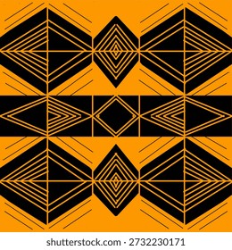 El diseño de Fondo de pantalla con patrones geométricos que combinan colores naranja y negro combina estilos modernos y tradicionales.