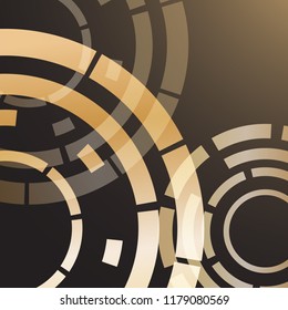 The wallpaper design of gold geometric circles on brownish black background.