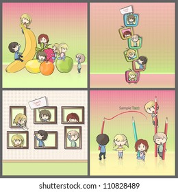Wallpaper design of large group of friends playing with fruits, televisions, crayons and visiting the museum. Collection images of vector illustration.